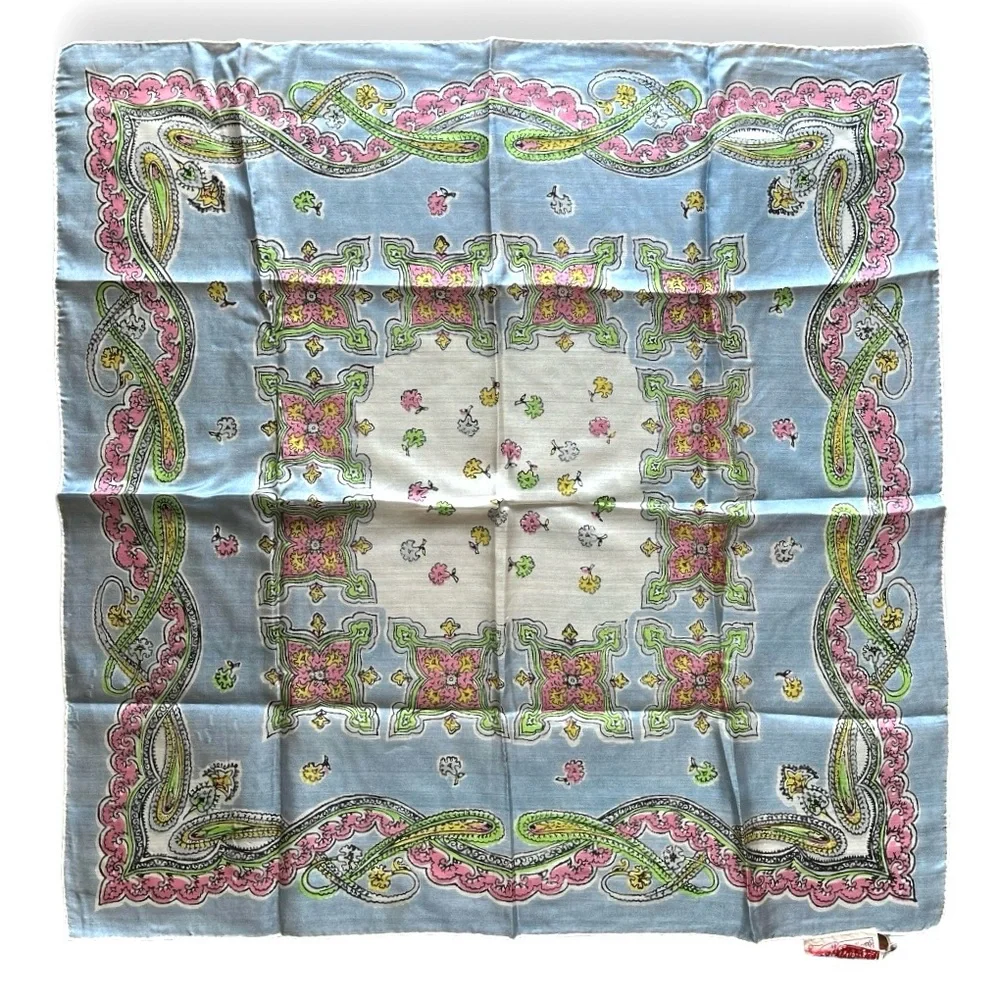 Vanette Creations Vintage Hand Rolled Silk Scarf in Soft Pastels Paisley Floral